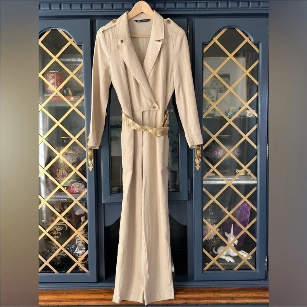 ZARA linen blend belted long sleeve jumpsuit 2157/057 A5